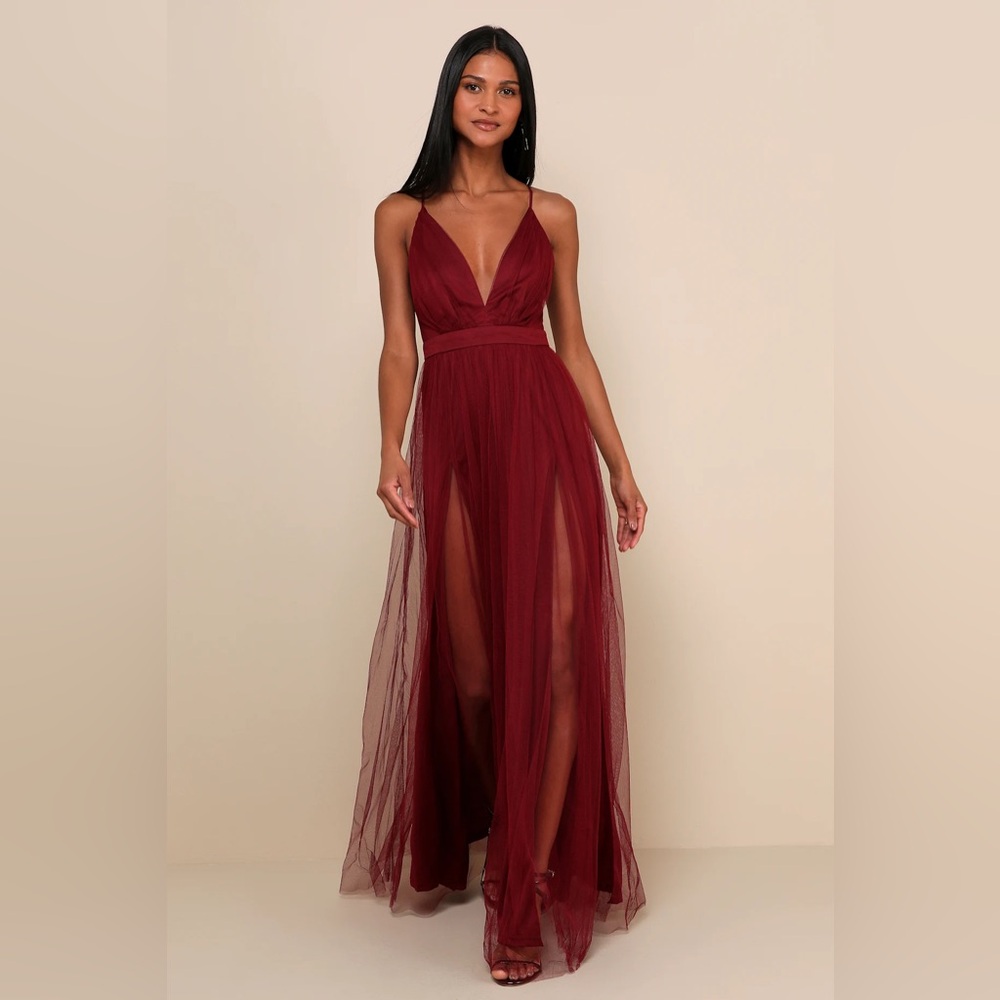 Lulu's Burgundy Rare Beauty Burgundy Tulle Backless Maxi Dress 1X - Picture 3 of 14